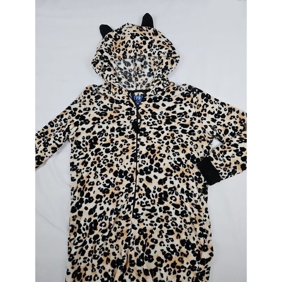 PJ ESSENTIALS Hooded One piece Plush Leopard Pajamas Sz L - Picture 2 of 5